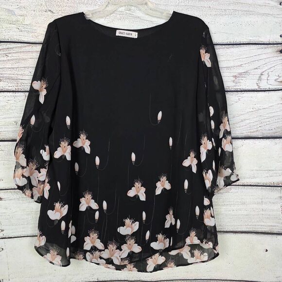 Grace Karin Black Floral Chiffon Blouse Size XL - Picture 1 of 7